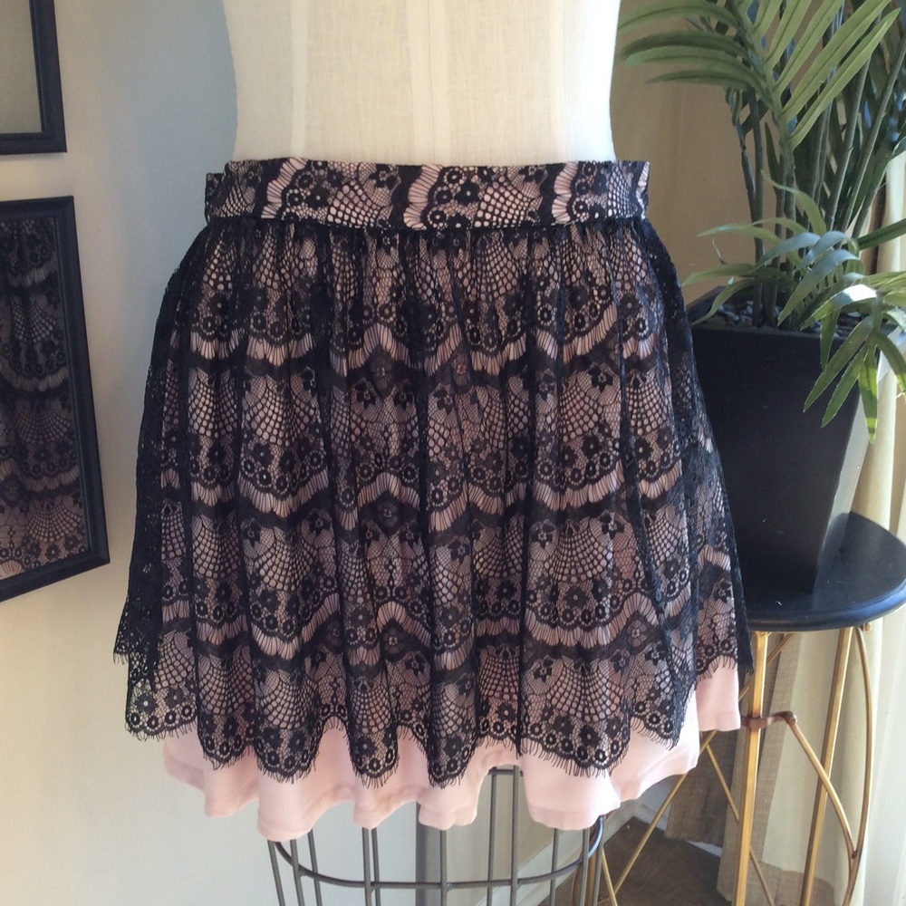 Black and Pale Pink Eyelash Lace Skirt